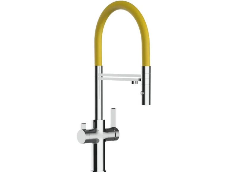 VIZIO 4 Wege Wasserhahn Küchenarmatur FC mit 360° Schwenkbarem Auslauf Abnehmbare 2 Strahl Handbrause Verchromt Gelb