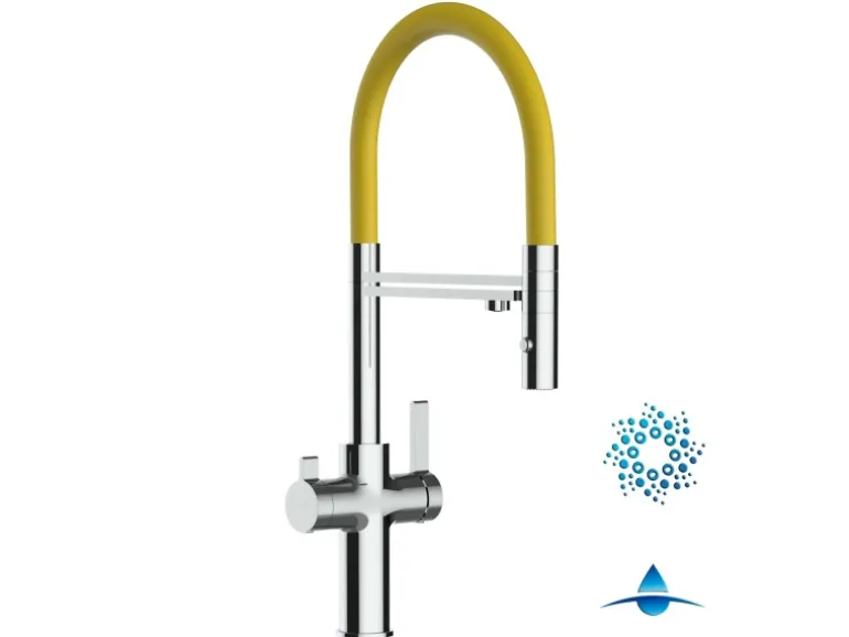 VIZIO 4 Wege Wasserhahn Küchenarmatur FC mit 360° Schwenkbarem Auslauf Abnehmbare 2 Strahl Handbrause Verchromt Gelb