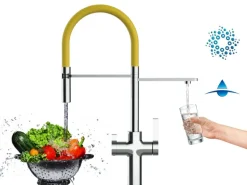 VIZIO 4 Wege Wasserhahn Küchenarmatur FC mit 360° Schwenkbarem Auslauf Abnehmbare 2 Strahl Handbrause Verchromt Gelb
