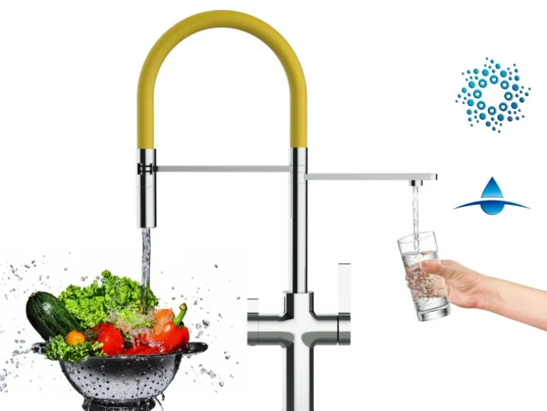 VIZIO 4 Wege Wasserhahn Küchenarmatur FC mit 360° Schwenkbarem Auslauf Abnehmbare 2 Strahl Handbrause Verchromt Gelb