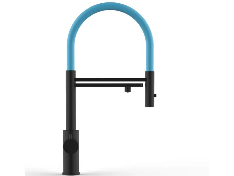 VIZIO 5 Wege Wasserhahn Küchenarmatur Edelstahl Massiv mit 360° Schwenkbarem Auslauf Abnehmbare 2 Strahl Handbrause PVD Schwarz Matt Hellblau