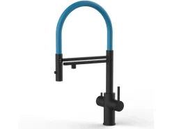 VIZIO 5 Wege Wasserhahn Küchenarmatur Edelstahl Massiv mit 360° Schwenkbarem Auslauf Abnehmbare 2 Strahl Handbrause PVD Schwarz Matt Hellblau