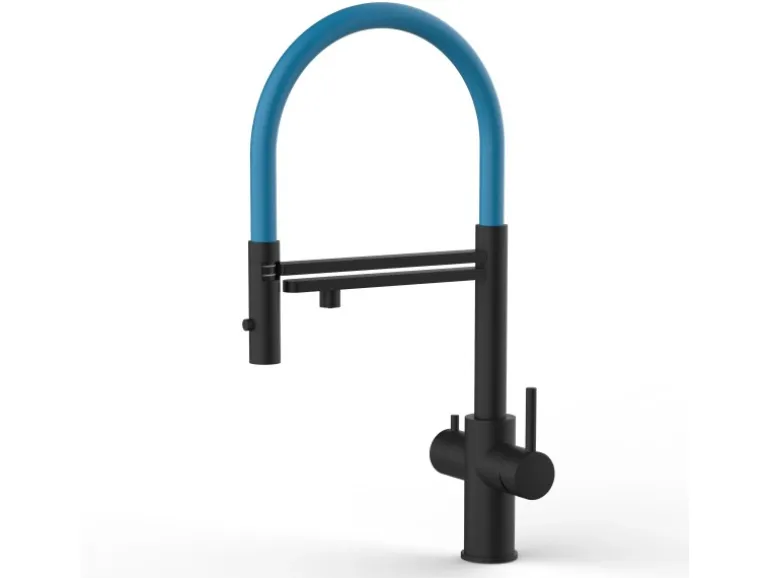 VIZIO 5 Wege Wasserhahn Küchenarmatur Edelstahl Massiv mit 360° Schwenkbarem Auslauf Abnehmbare 2 Strahl Handbrause PVD Schwarz Matt Hellblau