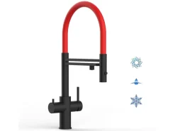 VIZIO 5 Wege Wasserhahn Küchenarmatur Edelstahl Massiv mit 360° Schwenkbarem Auslauf Abnehmbare 2 Strahl Handbrause PVD Schwarz Matt Rot
