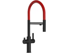 VIZIO 4 Wege Wasserhahn Küchenarmatur FC mit 360° Schwenkbarem Auslauf Abnehmbare 2 Strahl Handbrause Schwarz Matt Rot