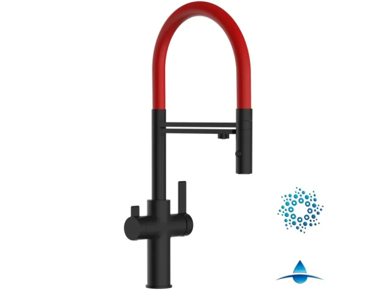 VIZIO 4 Wege Wasserhahn Küchenarmatur FC mit 360° Schwenkbarem Auslauf Abnehmbare 2 Strahl Handbrause Schwarz Matt Rot