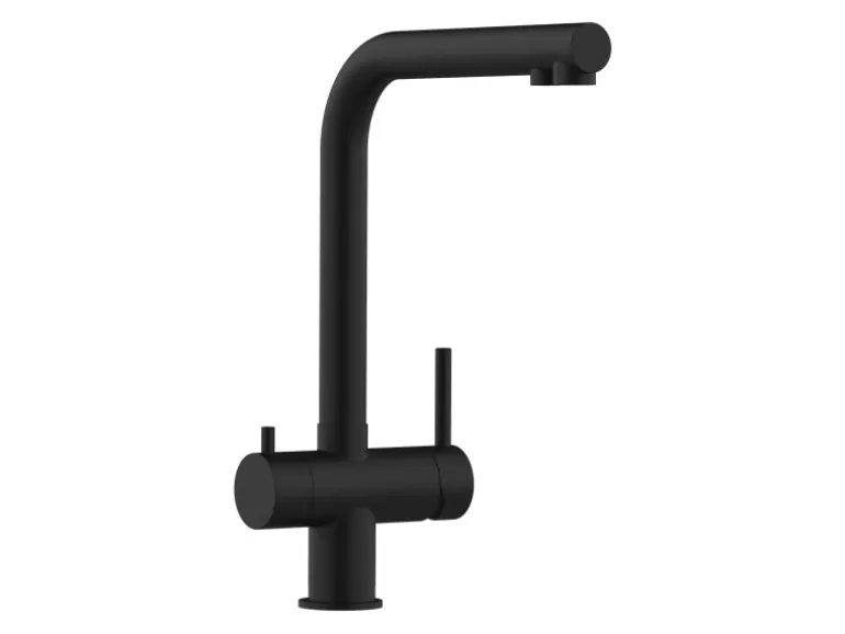 VIZIO 3 Wege Wasserhahn Küchenarmatur Edelstahl Massiv mit 360° Schwenkbarem L Auslauf PVD Schwarz Matt