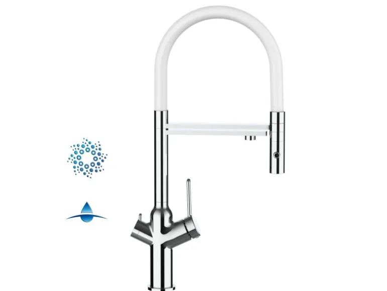 VIZIO 4 Wege Wasserhahn Küchenarmatur BOD mit 360° Schwenkbarem Auslauf Abnehmbare 2 Strahl Handbrause Verchromt Weiß