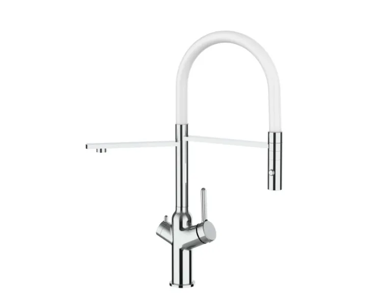 VIZIO 4 Wege Wasserhahn Küchenarmatur BOD mit 360° Schwenkbarem Auslauf Abnehmbare 2 Strahl Handbrause Verchromt Weiß