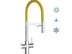 VIZIO 5 Wege Wasserhahn Küchenarmatur Edelstahl Massiv mit 360° Schwenkbarem Auslauf Abnehmbare 2 Strahl Handbrause Gebürstet Gelb