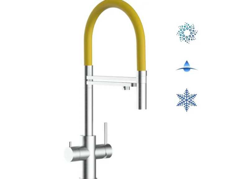 VIZIO 5 Wege Wasserhahn Küchenarmatur Edelstahl Massiv mit 360° Schwenkbarem Auslauf Abnehmbare 2 Strahl Handbrause Gebürstet Gelb