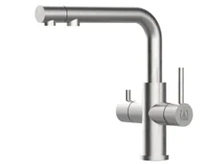 VIZIO 3 Wege Wasserhahn Küchenarmatur Edelstahl Massiv mit Schwenkbarem L Auslauf und Herausziehbarer Brause Gebürstet