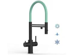 VIZIO 5 Wege Wasserhahn Küchenarmatur Edelstahl Massiv mit 360° Schwenkbarem Auslauf Abnehmbare 2 Strahl Handbrause PVD Schwarz Matt Türkis