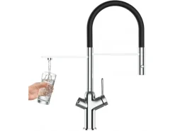 VIZIO 3 Wege Wasserhahn Küchenarmatur BOD mit 360° Schwenkbarem Auslauf Abnehmbare 2 Strahl Handbrause Verchromt   Schwarz