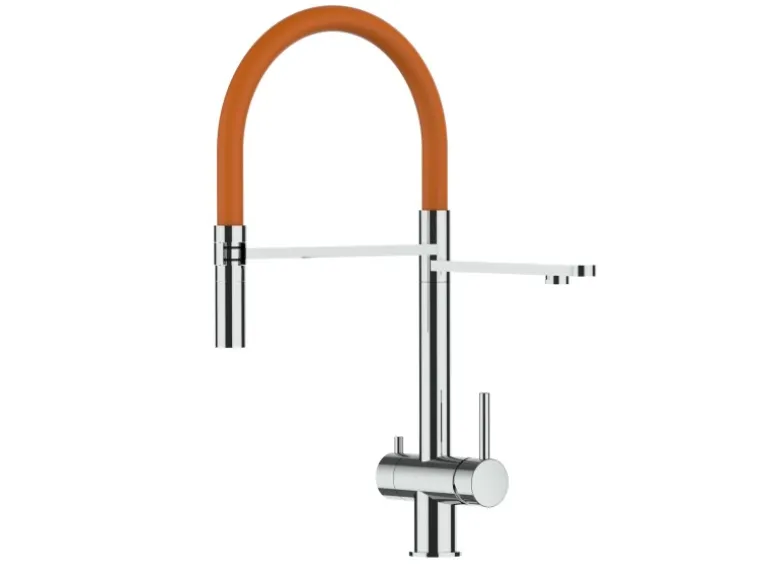 VIZIO 3 Wege Wasserhahn Küchenarmatur Edelstahl Massiv mit 360° Schwenkbarem Auslauf Abnehmbare 2 Strahl Handbrause Hochglanz Orange