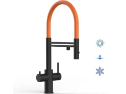 VIZIO 5 Wege Wasserhahn Küchenarmatur Edelstahl Massiv mit 360° Schwenkbarem Auslauf Abnehmbare 2 Strahl Handbrause PVD Schwarz Matt Orange