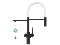 VIZIO 4 Wege Wasserhahn Küchenarmatur BOD mit 360° Schwenkbarem Auslauf Abnehmbare 2 Strahl Handbrause Schwarz Matt Weiß