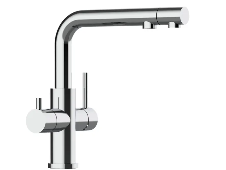 VIZIO 4 Wege Wasserhahn Küchenarmatur Edelstahl Massiv mit Schwenkbarem L Auslauf und Herausziehbarer Brause Hochglanz