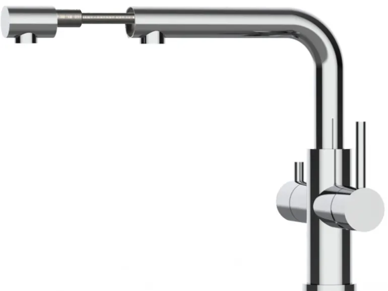 VIZIO 4 Wege Wasserhahn Küchenarmatur Edelstahl Massiv mit Schwenkbarem L Auslauf und Herausziehbarer Brause Hochglanz