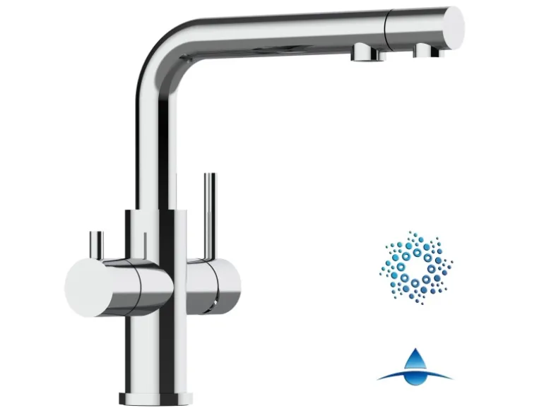 VIZIO 4 Wege Wasserhahn Küchenarmatur Edelstahl Massiv mit Schwenkbarem L Auslauf und Herausziehbarer Brause Hochglanz