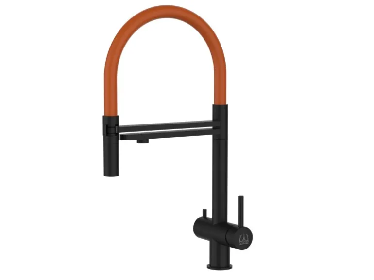 VIZIO 3 Wege Wasserhahn Küchenarmatur Edelstahl Massiv mit 360° Schwenkbarem Auslauf und Abnehmbare 2 Strahl Handbrause PVD Schwarz Matt Orange