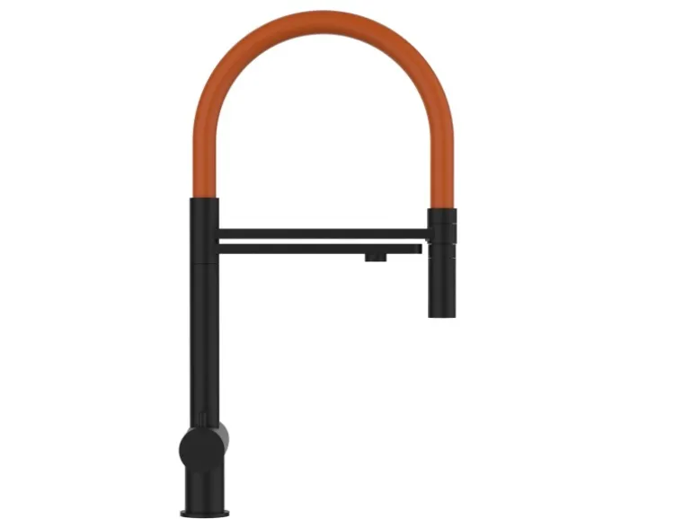 VIZIO 3 Wege Wasserhahn Küchenarmatur Edelstahl Massiv mit 360° Schwenkbarem Auslauf und Abnehmbare 2 Strahl Handbrause PVD Schwarz Matt Orange