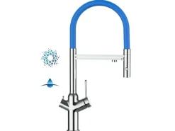 VIZIO 4 Wege Wasserhahn Küchenarmatur BOD mit 360° Schwenkbarem Auslauf Abnehmbare 2 Strahl Handbrause Verchromt Blau