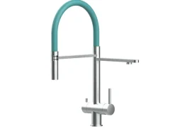 VIZIO 3 Wege Wasserhahn Küchenarmatur Edelstahl Massiv mit 360° Schwenkbarem Auslauf Abnehmbare 2 Strahl Handbrause Gebürstet Türkis