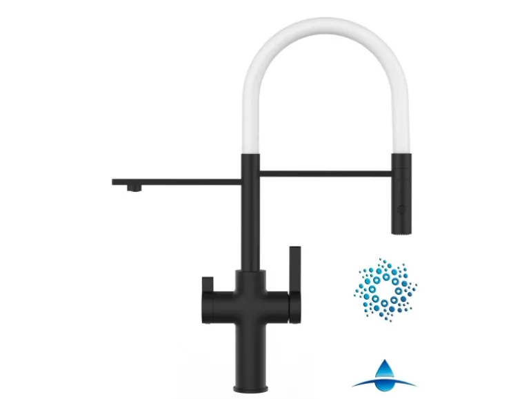VIZIO 4 Wege Wasserhahn Küchenarmatur FC mit 360° Schwenkbarem Auslauf Abnehmbare 2 Strahl Handbrause Schwarz Matt Weiß