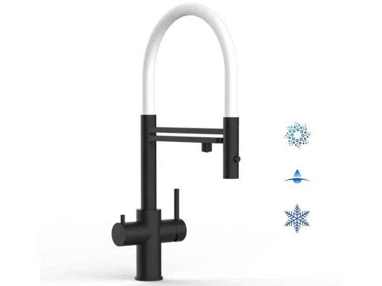 VIZIO 5 Wege Wasserhahn Küchenarmatur Edelstahl Massiv mit 360° Schwenkbarem Auslauf Abnehmbare 2 Strahl Handbrause PVD Schwarz Matt Weiß