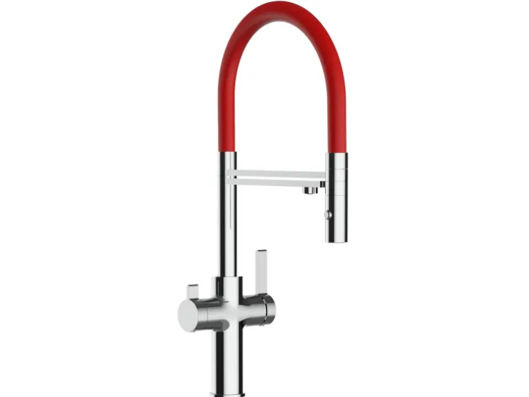 VIZIO 4 Wege Wasserhahn Küchenarmatur FC mit 360° Schwenkbarem Auslauf Abnehmbare 2 Strahl Handbrause Verchromt Rot