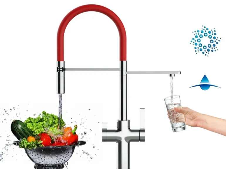 VIZIO 4 Wege Wasserhahn Küchenarmatur FC mit 360° Schwenkbarem Auslauf Abnehmbare 2 Strahl Handbrause Verchromt Rot