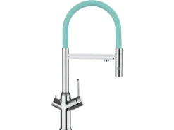 VIZIO 4 Wege Wasserhahn Küchenarmatur BOD mit 360° Schwenkbarem Auslauf Abnehmbare 2 Strahl Handbrause Verchromt Türkis
