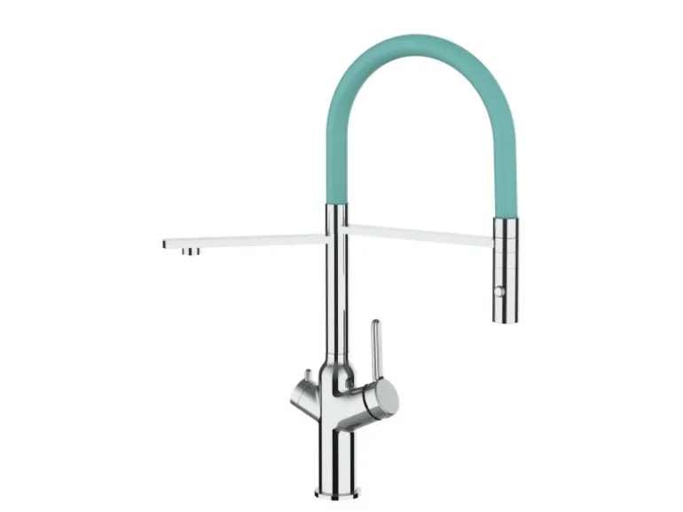 VIZIO 4 Wege Wasserhahn Küchenarmatur BOD mit 360° Schwenkbarem Auslauf Abnehmbare 2 Strahl Handbrause Verchromt Türkis