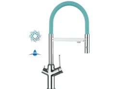 VIZIO 4 Wege Wasserhahn Küchenarmatur BOD mit 360° Schwenkbarem Auslauf Abnehmbare 2 Strahl Handbrause Verchromt Türkis