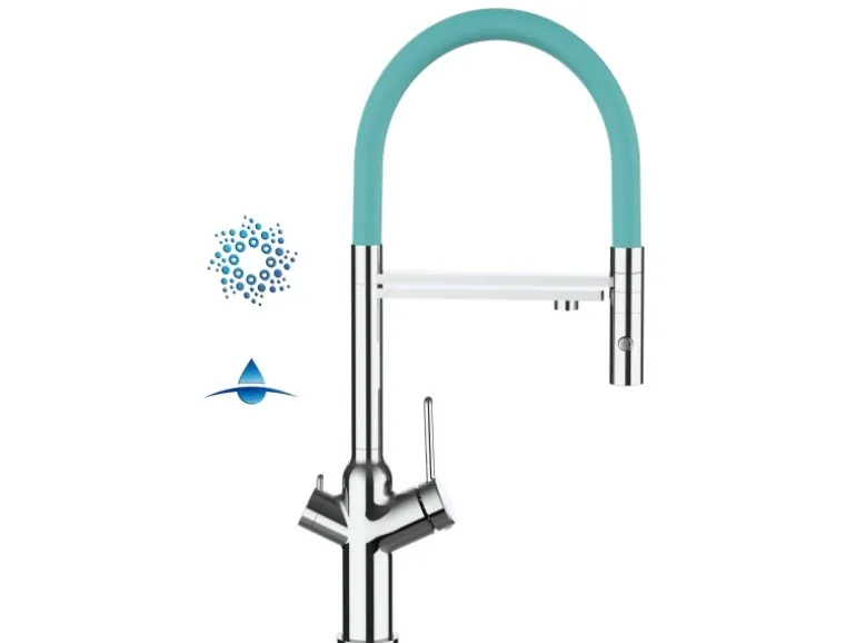 VIZIO 4 Wege Wasserhahn Küchenarmatur BOD mit 360° Schwenkbarem Auslauf Abnehmbare 2 Strahl Handbrause Verchromt Türkis