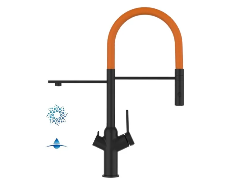 VIZIO 4 Wege Wasserhahn Küchenarmatur BOD mit 360° Schwenkbarem Auslauf Abnehmbare 2 Strahl Handbrause Schwarz Matt Orange