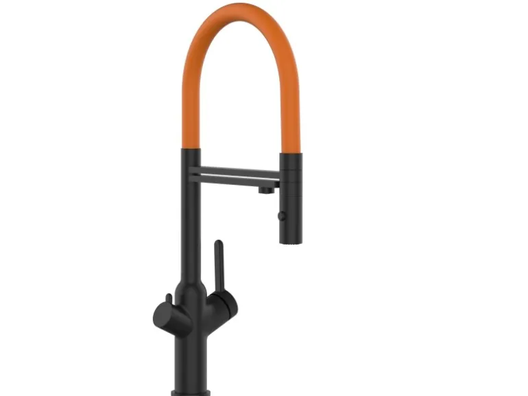 VIZIO 4 Wege Wasserhahn Küchenarmatur BOD mit 360° Schwenkbarem Auslauf Abnehmbare 2 Strahl Handbrause Schwarz Matt Orange