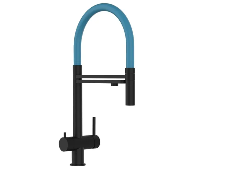 VIZIO 3 Wege Wasserhahn Küchenarmatur Edelstahl Massiv mit 360° Schwenkbarem Auslauf und Abnehmbare 2 Strahl Handbrause PVD Schwarz Matt Hellblau