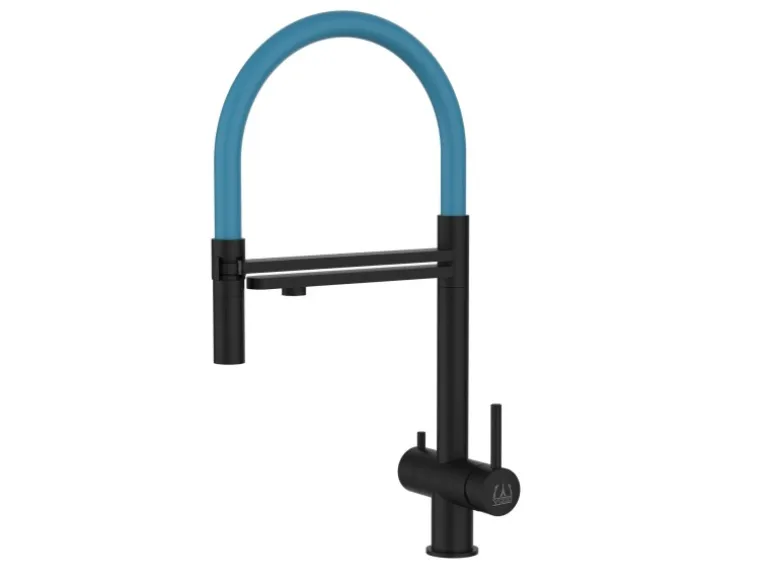 VIZIO 3 Wege Wasserhahn Küchenarmatur Edelstahl Massiv mit 360° Schwenkbarem Auslauf und Abnehmbare 2 Strahl Handbrause PVD Schwarz Matt Hellblau