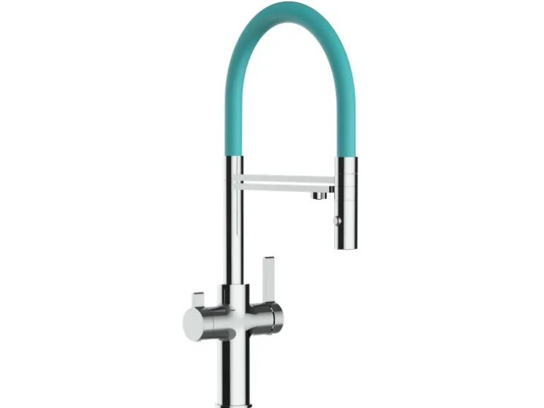 VIZIO 3 Wege Wasserhahn Küchenarmatur FC mit 360° Schwenkbarem Auslauf Abnehmbare 2 Strahl Handbrause Verchromt Türkis