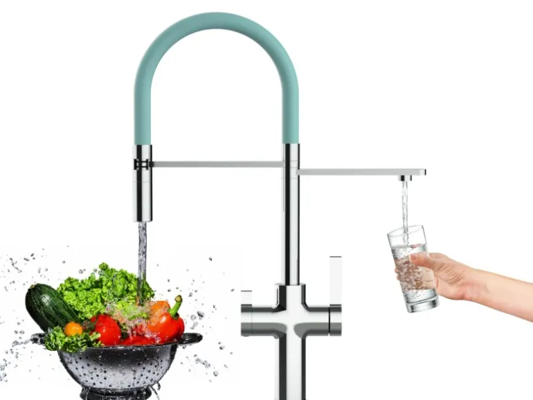 VIZIO 3 Wege Wasserhahn Küchenarmatur FC mit 360° Schwenkbarem Auslauf Abnehmbare 2 Strahl Handbrause Verchromt Türkis
