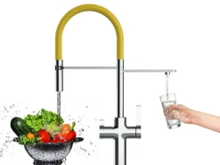 VIZIO 3 Wege Wasserhahn Küchenarmatur FC mit 360° Schwenkbarem Auslauf Abnehmbare 2 Strahl Handbrause Verchromt   Gelb