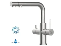 VIZIO 4 Wege Wasserhahn Küchenarmatur Edelstahl Massiv mit Schwenkbarem L Auslauf und Herausziehbarer Brause Gebürstet