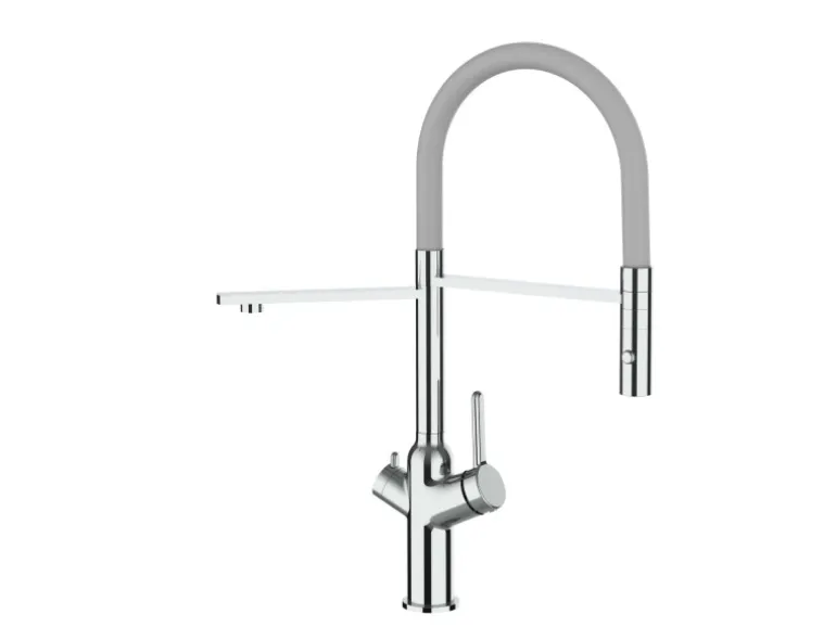 VIZIO 4 Wege Wasserhahn Küchenarmatur BOD mit 360° Schwenkbarem Auslauf Abnehmbare 2 Strahl Handbrause Verchromt Grau