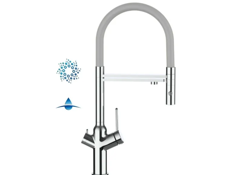VIZIO 4 Wege Wasserhahn Küchenarmatur BOD mit 360° Schwenkbarem Auslauf Abnehmbare 2 Strahl Handbrause Verchromt Grau