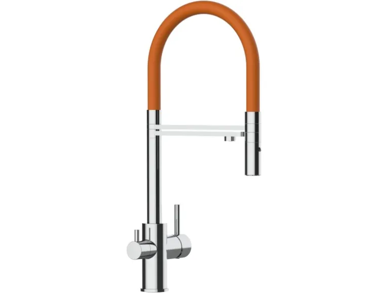 VIZIO 3 Wege Wasserhahn Küchenarmatur FL mit 360° Schwenkbarem Auslauf Abnehmbare 2 Strahl Handbrause Verchromt Orange
