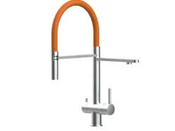 VIZIO 3 Wege Wasserhahn Küchenarmatur Edelstahl Massiv mit 360° Schwenkbarem Auslauf Abnehmbare 2 Strahl Handbrause Gebürstet Orange