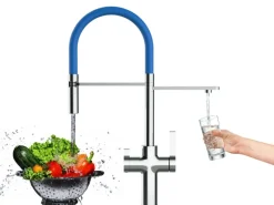 VIZIO NIEDERDRUCK 3 Wege Wasserhahn Küchenarmatur FC mit 360° Schwenkbarem Auslauf Abnehmbare 2 Strahl Handbrause Verchromt Blau