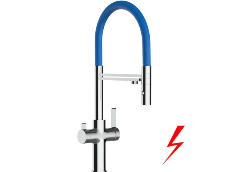 VIZIO NIEDERDRUCK 3 Wege Wasserhahn Küchenarmatur FC mit 360° Schwenkbarem Auslauf Abnehmbare 2 Strahl Handbrause Verchromt Blau